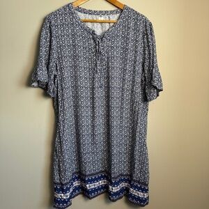 Old Navy Women's Aztec Print Short Sleeve Lace-Up-Yoke V-Neck Tunic‎ Top Blue XL